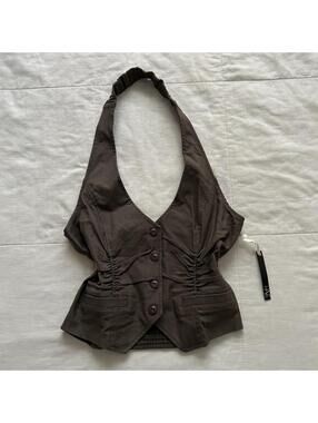 Y2K Brown Halter Vest Top Ruched Button Front Indie Sleaze Going Out NWT